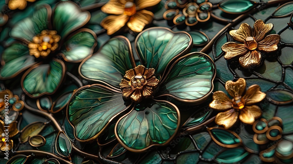 A vibrant stained glass artwork featuring clovers and floral elements with intricate gold accents. A vibrant stained glass artwork featuring clovers and floral elements with intricate gold accents.