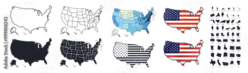 Map of the United States of America. States of the USA. USA map isolated on transparent background. Black and coloured map with flag