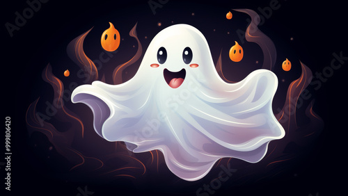 Charming Halloween Scene: Cute Smiling Ghost with Jack-O'-Lanterns