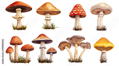 Collection of Stylized Mushrooms in Various Colors and Shapes Isolated on Transparent Background – Ideal for Botanical Illustrations, Game Assets, and Fantasy Design Concepts