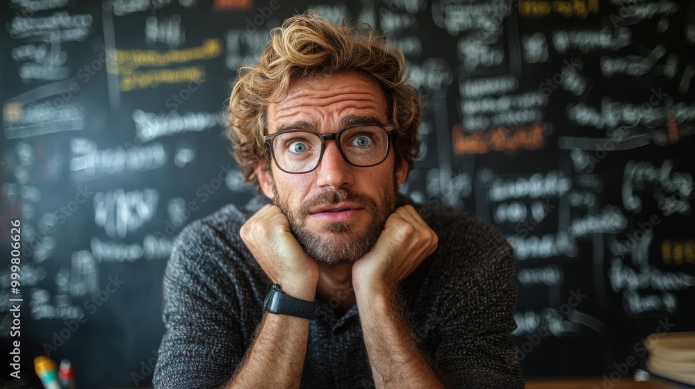 Thoughtful Man Portrait with Blackboard Background Thoughtful Man Portrait with Blackboard Background