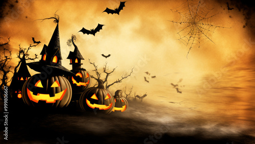Halloween background with pumpkin and bats, Halloween banner with pumpkins and castle, Halloween party invitation concept.