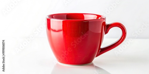 High angle red ceramic coffee cup, glossy finish, white background