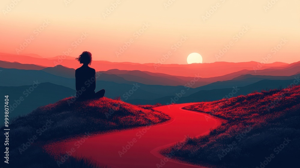 Serene Sunset Landscape with Silhouette Person on Mountaintop Serene Sunset Landscape with Silhouette Person on Mountaintop