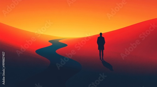 Silhouette of a Person in a Desert Landscape at Sunset