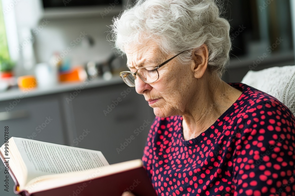 Elderly woman reading a book indoors, focused and engaged in the moment. Elderly woman reading a book indoors, focused and engaged in the moment.