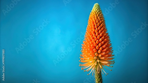 High angle shot of orange flower Eremurus blooming against blue background, Foxtail Lily, Eremurus Stenophyllus photo