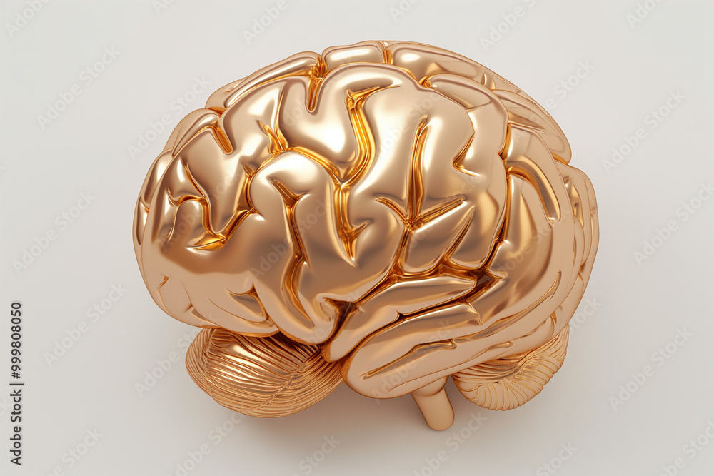Golden brain model isolated on a white background, representing intelligence, creativity, and innovation, ideal for concepts in science, technology, and mental health Golden brain model isolated on a white background, representing intelligence, creativity, and innovation, ideal for concepts in science, technology, and mental health