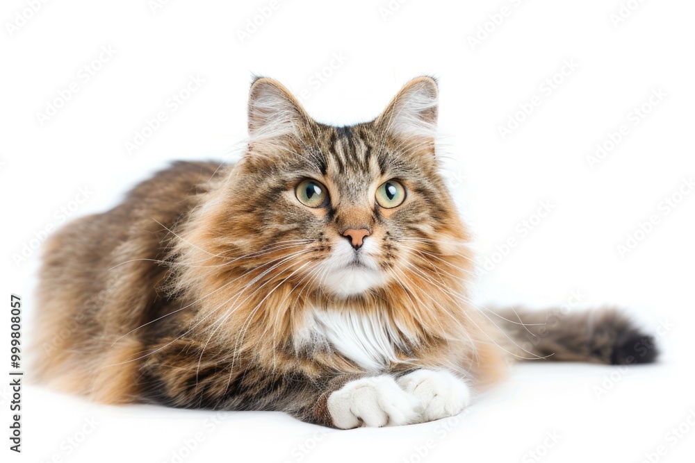 A domestic cat relaxing on a pure white background, with its fur fluffed up A domestic cat relaxing on a pure white background, with its fur fluffed up