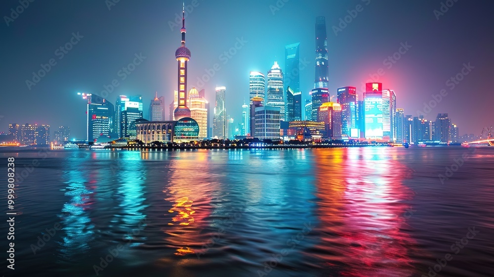 Naklejka premium Stunning Urban Architecture Night View and Urban Landscape: A Visual Feast of City Lights. Admire the Modernity and Elegance.