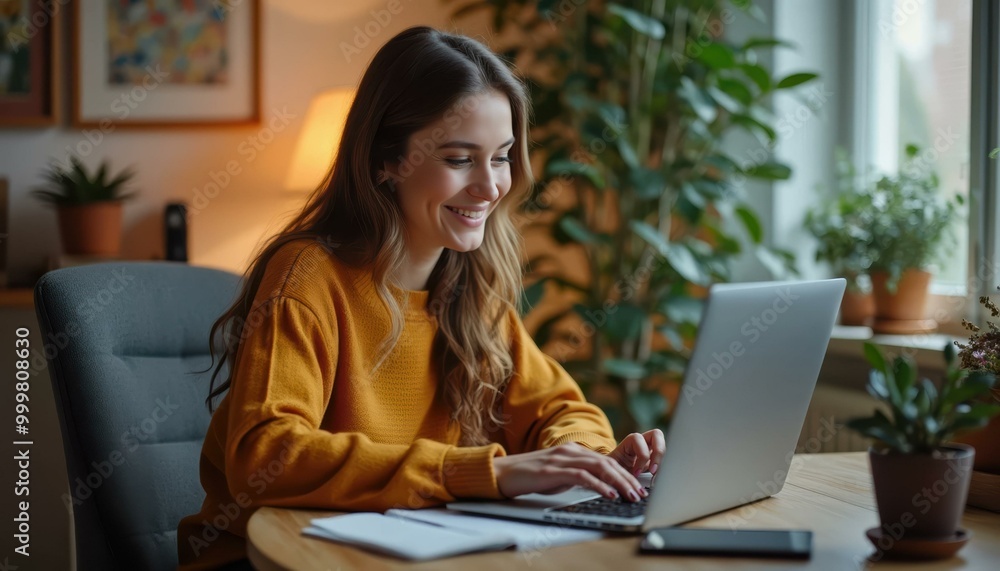 Happy Young Woman Working From Home on Laptop, Cozy Autumn Atmosphere Happy Young Woman Working From Home on Laptop, Cozy Autumn Atmosphere