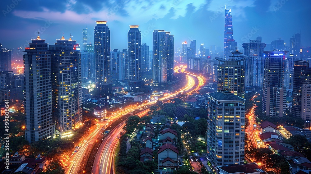 Obraz premium Stunning Urban Architecture Night View and Urban Landscape: A Visual Feast of City Lights. Admire the Modernity and Elegance.