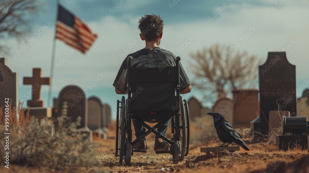 Obraz premium An unidentifiable young man in a wheelchair visits the graves of his lost loved ones, with an American flag standing tall in the serene surroundings.
