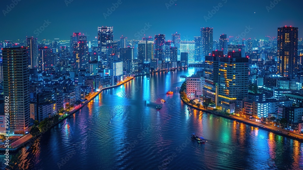 Naklejka premium Stunning Urban Architecture Night View and Urban Landscape: A Visual Feast of City Lights. Admire the Modernity and Elegance.