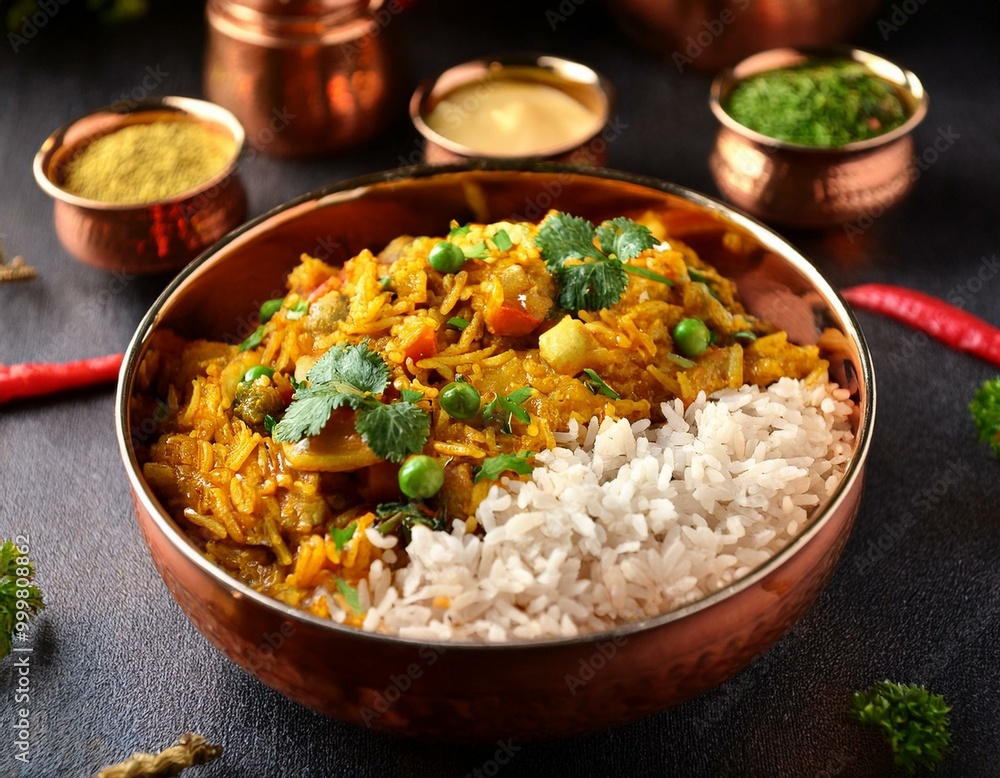 Mixed indian vegetable curry, plant based bowl. Cauliflower and potato, peas along with rice Mixed indian vegetable curry, plant based bowl. Cauliflower and potato, peas along with rice