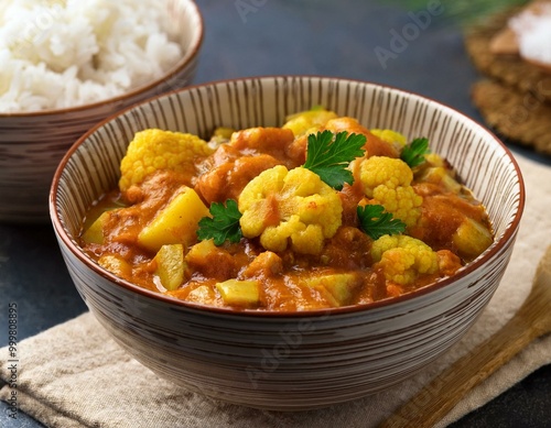 Mixed indian vegetable curry, plant based bowl. Cauliflower and potato, peas along with rice photo