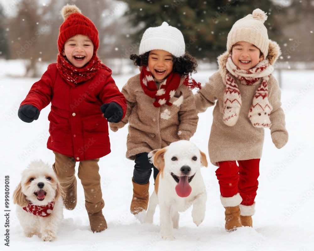 Joyful Children Playing with Dog in Winter Snow Joyful Children Playing with Dog in Winter Snow