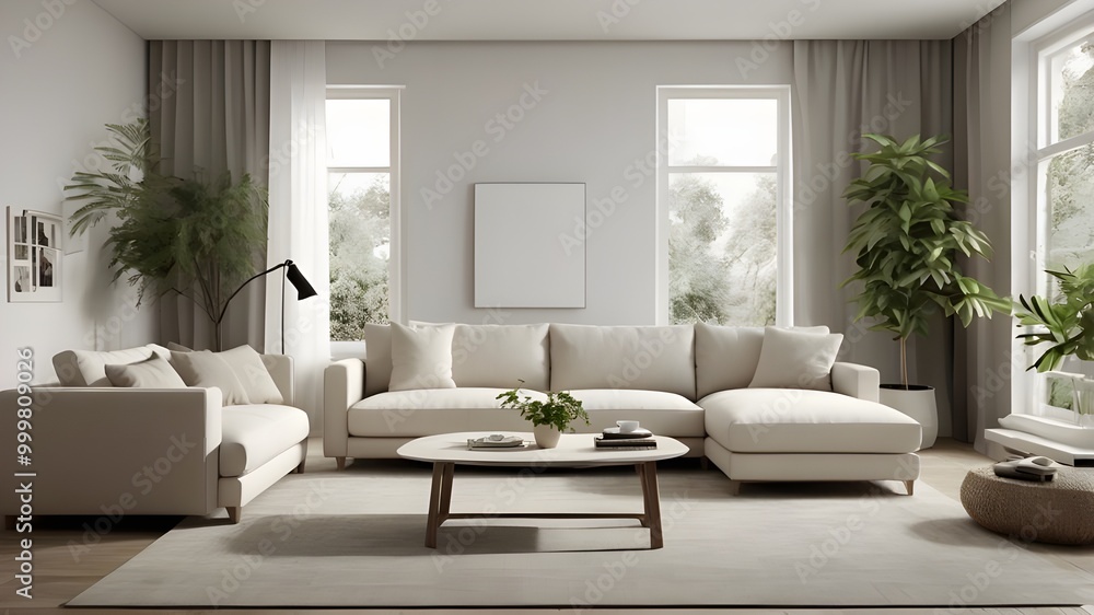 Tranquil Modern Living: White Sofa and Potted Plants in a Clean, Minimalist Interior Tranquil Modern Living: White Sofa and Potted Plants in a Clean, Minimalist Interior