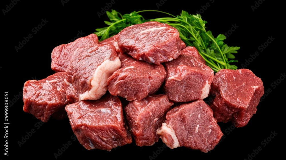 A top-down view of cubed raw meat stacked artistically, highlighting texture and color in macro photography A top-down view of cubed raw meat stacked artistically, highlighting texture and color in macro photography