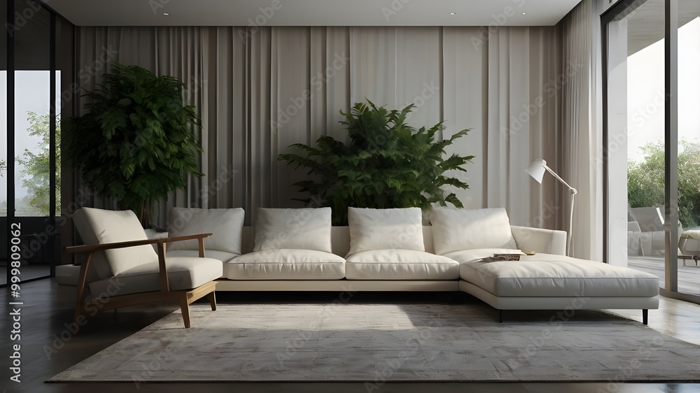 Fototapeta premium Tranquil Modern Living: White Sofa and Potted Plants in a Clean, Minimalist Interior