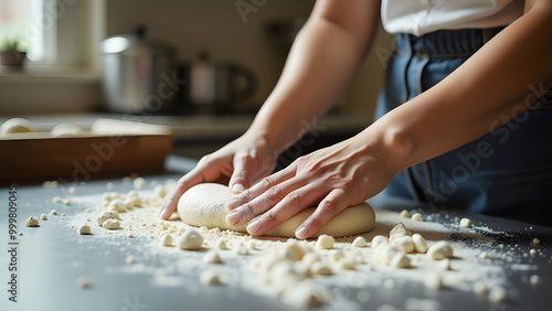 young white woman's hands working, kneading with manageable dough on a stainless surface with dusted flour around in light kitchen by the window