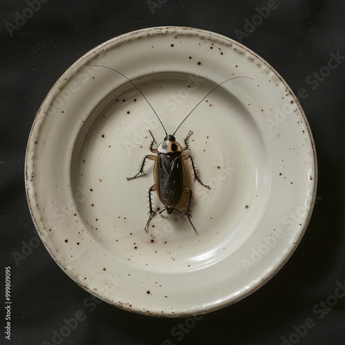 An unwelcome sight of a huge pest on an empty plate, a disgusting insect in the kitchen. photo