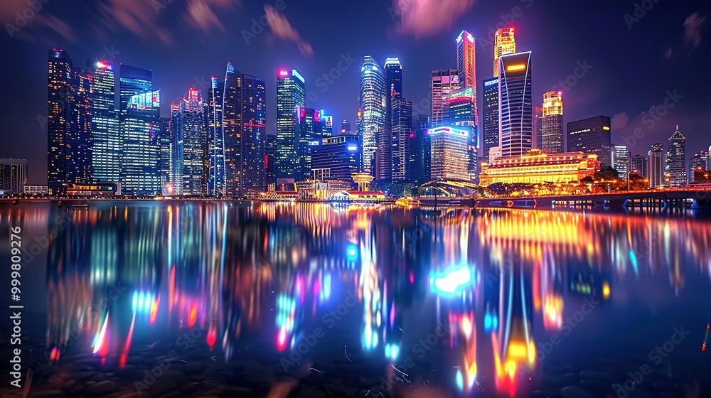 Fototapeta premium Stunning Urban Architecture Night View and Urban Landscape: A Visual Feast of City Lights. Admire the Modernity and Elegance.