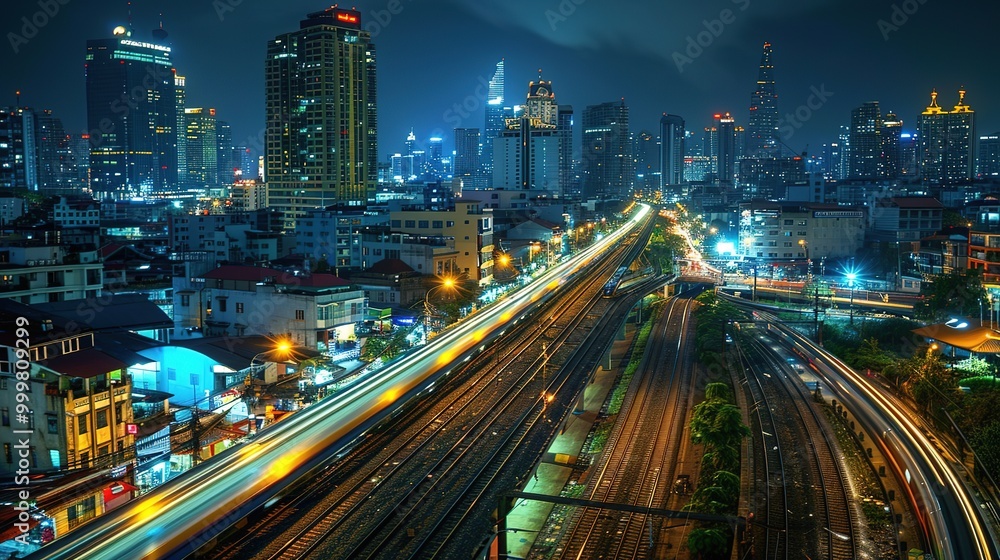 Obraz premium Stunning Urban Architecture Night View and Urban Landscape: A Visual Feast of City Lights. Admire the Modernity and Elegance.