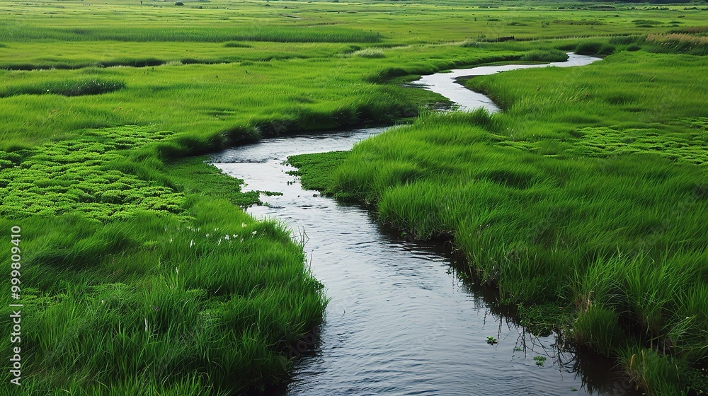 Beautiful Grassland River and Green Grassland Background: A Serene Natural Scene. Admire the Peace and Beauty Beautiful Grassland River and Green Grassland Background: A Serene Natural Scene. Admire the Peace and Beauty