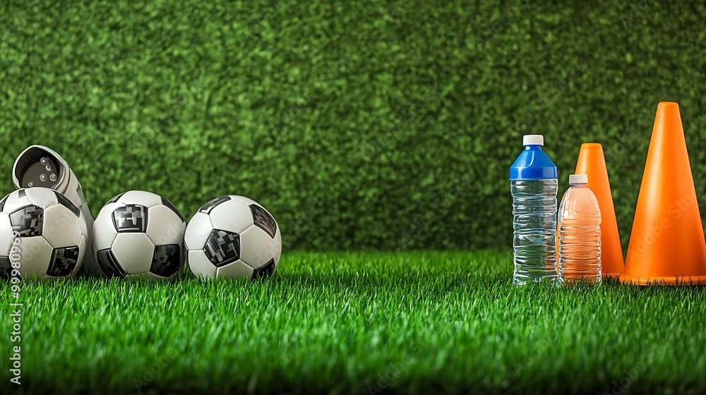 Naklejka premium Soccer Balls Water Bottles and Cones on Green Grass