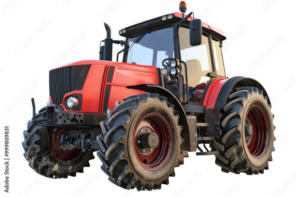 A close-up shot of a bright red tractor with large tires on a clean white background A close-up shot of a bright red tractor with large tires on a clean white background