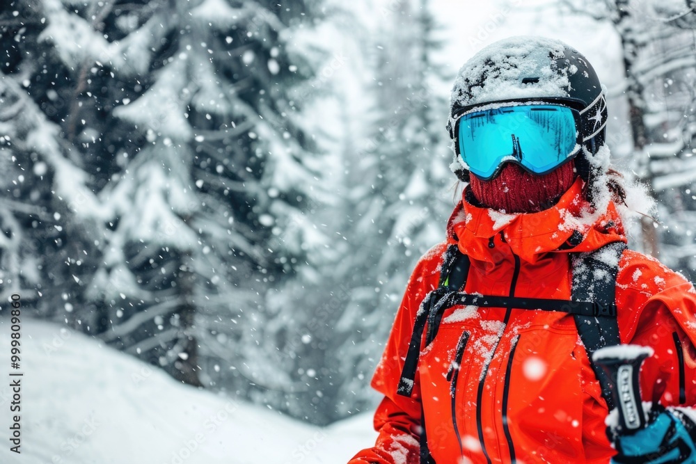A person wearing an orange jacket and goggles is seen in the snow, with a possible winter sports or adventure theme A person wearing an orange jacket and goggles is seen in the snow, with a possible winter sports or adventure theme
