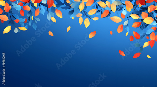 Colorful autumn leaves gently falling against a vibrant blue background in a serene nature setting