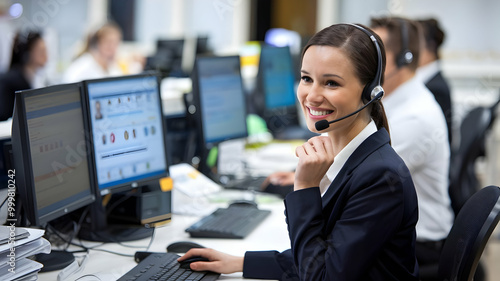A photo of a happy woman working in a call centre  for customer service, telemarketing, and sales