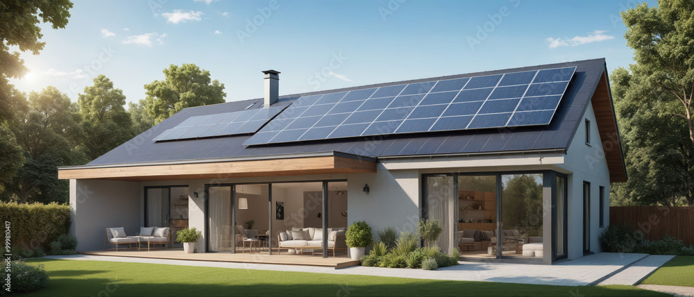 Modern Eco-Friendly House with Solar Panels, Sustainable Living, Green Energy Home Design Modern Eco-Friendly House with Solar Panels, Sustainable Living, Green Energy Home Design
