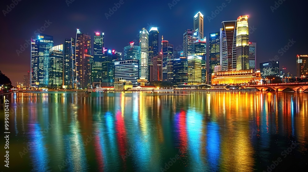 Naklejka premium Stunning Urban Architecture Night View and Urban Landscape: A Visual Feast of City Lights. Admire the Modernity and Elegance.