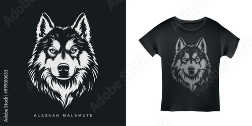 Alaskan Malamute head t-shirt design. Monochrome dog face on black background. Vector vintage style illustration.