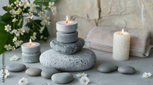 Beautiful composition with burning candles spa stones and flowers on light grey table