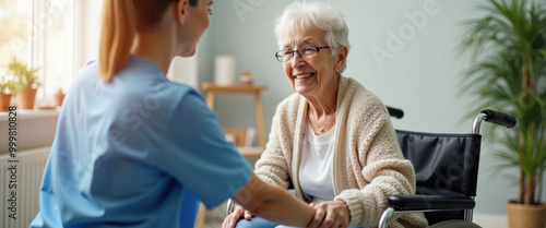 Professional caregiver holding hands with happy senior woman in wheelchair, providing compassionate elderly care in assisted living