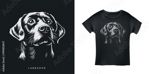 Labrador retriever head t-shirt design. Monochrome dog face on black background. Vector vintage style illustration.