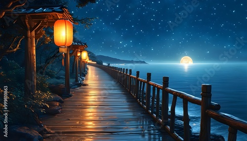 Tranquil wooden pathway adorned with glowing lanterns, offering a stunning view of a serene sea under a mesmerizing starry sky photo