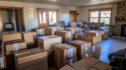 Boxes stacked in living room of new house