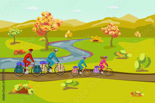 A family rides bicycles along a dirt road in a river valley, among trees and bushes, in autumn, against the backdrop of mountains and a clear sky.