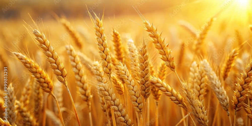 Close-up of golden wheat ears in a sunlit field, harvest, agriculture, farming, crop, nature, plants, growth, sunny, outdoor Close-up of golden wheat ears in a sunlit field, harvest, agriculture, farming, crop, nature, plants, growth, sunny, outdoor