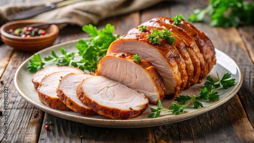 Sliced roasted pork loin with parsley garnish on a plate, pork loin, roasted, sliced, parsley, garnish, meat, dish