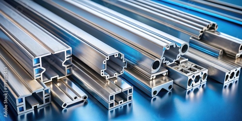 Close-up of aluminium extrusion profiles with various shapes and sizes against a blue background, aluminum