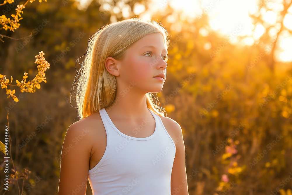 Portrait of happy young blonde girl smiling outdoors in natural sunlight, enjoying a bright sunny day with greenery in the background Portrait of happy young blonde girl smiling outdoors in natural sunlight, enjoying a bright sunny day with greenery in the background