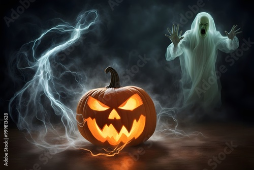 A pumpkin being possessed by a ghostly figure with ectoplasmic energy swirling around, Ai Generated photo