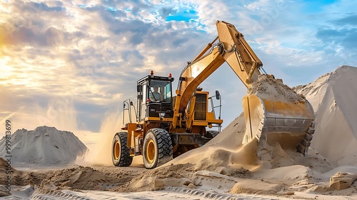 Bucket loader on the construction site large excavator on a construction site loader bucket filled with sand bucket loader in a sand mine