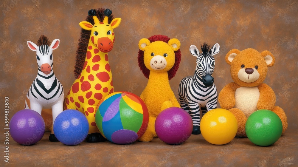 Fototapeta premium A colorful cardboard box full of plush toys and rubber balls, bathed in soft light, evokes sweet childhood memories